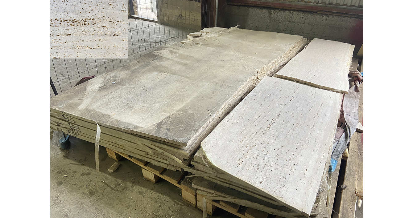 Травертин Айвори VC / Travertine Ivory VC — слэб 20 мм, шлифованный · 2550 × 1700 мм · партия О · № 056