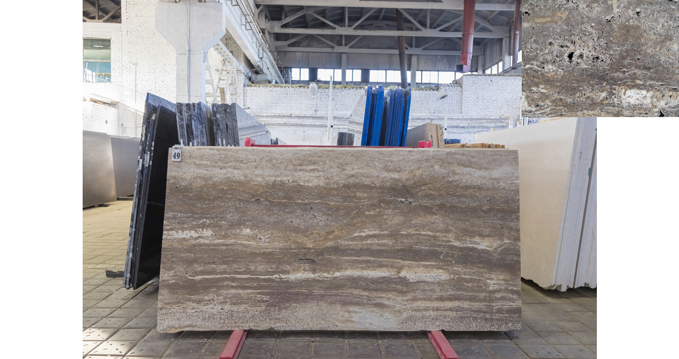 Травертин Сильвер VC / Travertine Silver VC — слэб 20 мм, шлифованный · 2650 × 1300 мм · партия К · № 049