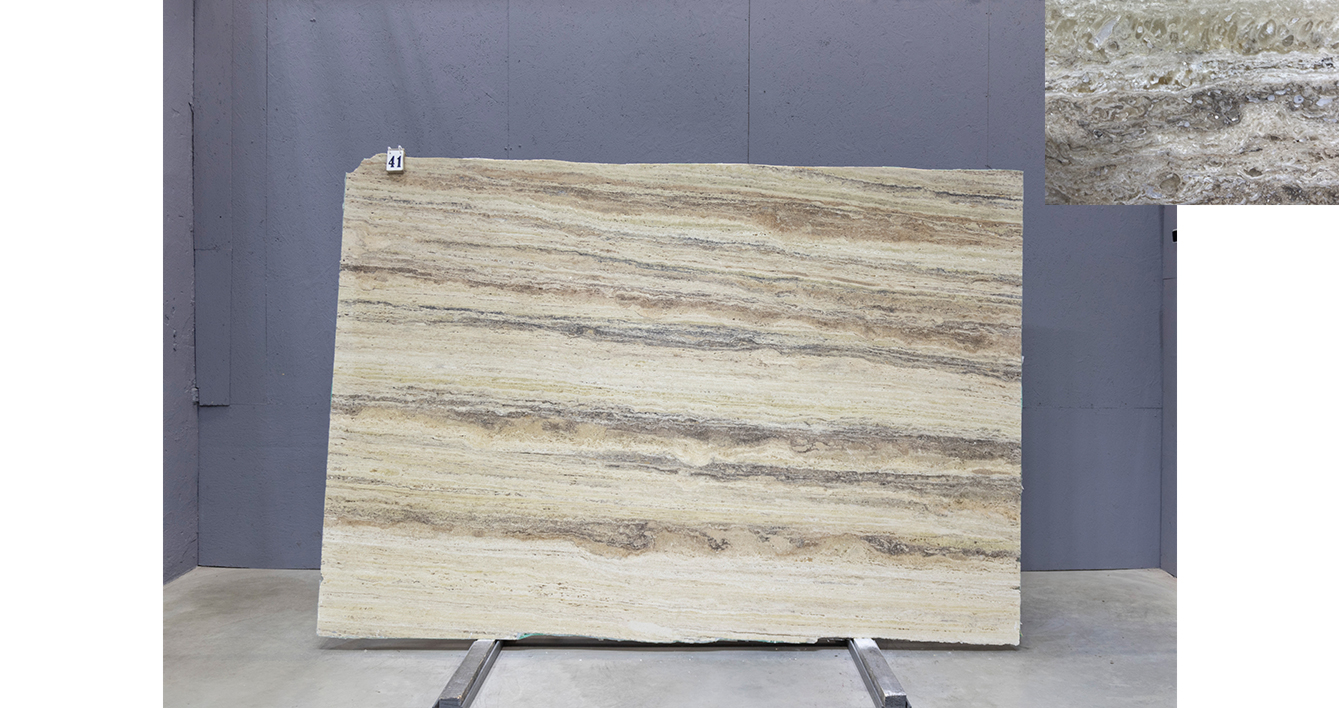 Травертин Грей Беж VC / Travertine Grey Beige Premium — слэб 20 мм, шлифованный · 2760 × 1780 мм · партия А* · № 041