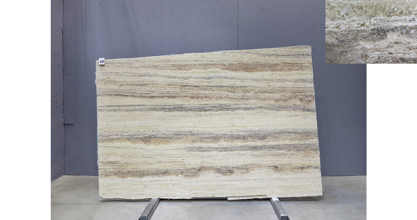 Травертин Грей Беж VC / Travertine Grey Beige Premium — слэб 20 мм, шлифованный · 2760 × 1730 мм · партия А* · № 048