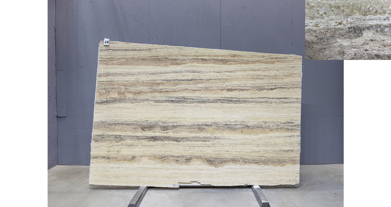 Травертин Грей Беж VC / Travertine Grey Beige Premium — слэб 20 мм, шлифованный · 2760 × 1730 мм · партия А* · № 049
