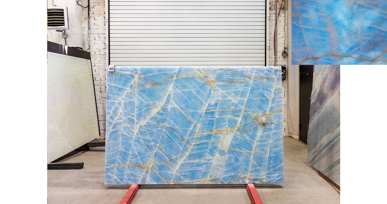 Оникс Перламутр Блю / Onyx Perlamutr Blue — слэб 18 мм, полированный · 2330 × 1530 мм · партия А · № 046