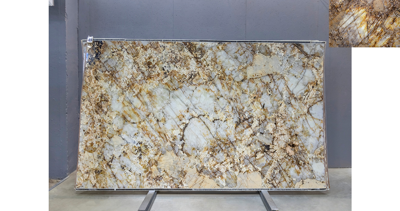 Кварцит Патагония Кристал Голд / Patagonia Crystal Gold — слэб 20 мм, полированный · 3180 × 1920 мм · партия Г · № 048