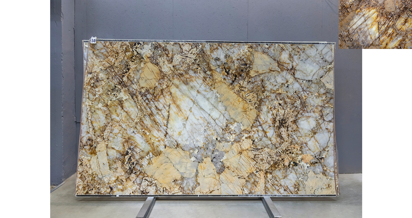 Кварцит Патагония Кристал Голд / Patagonia Crystal Gold — слэб 20 мм, полированный · 3200 × 1920 мм · партия Г · № 050