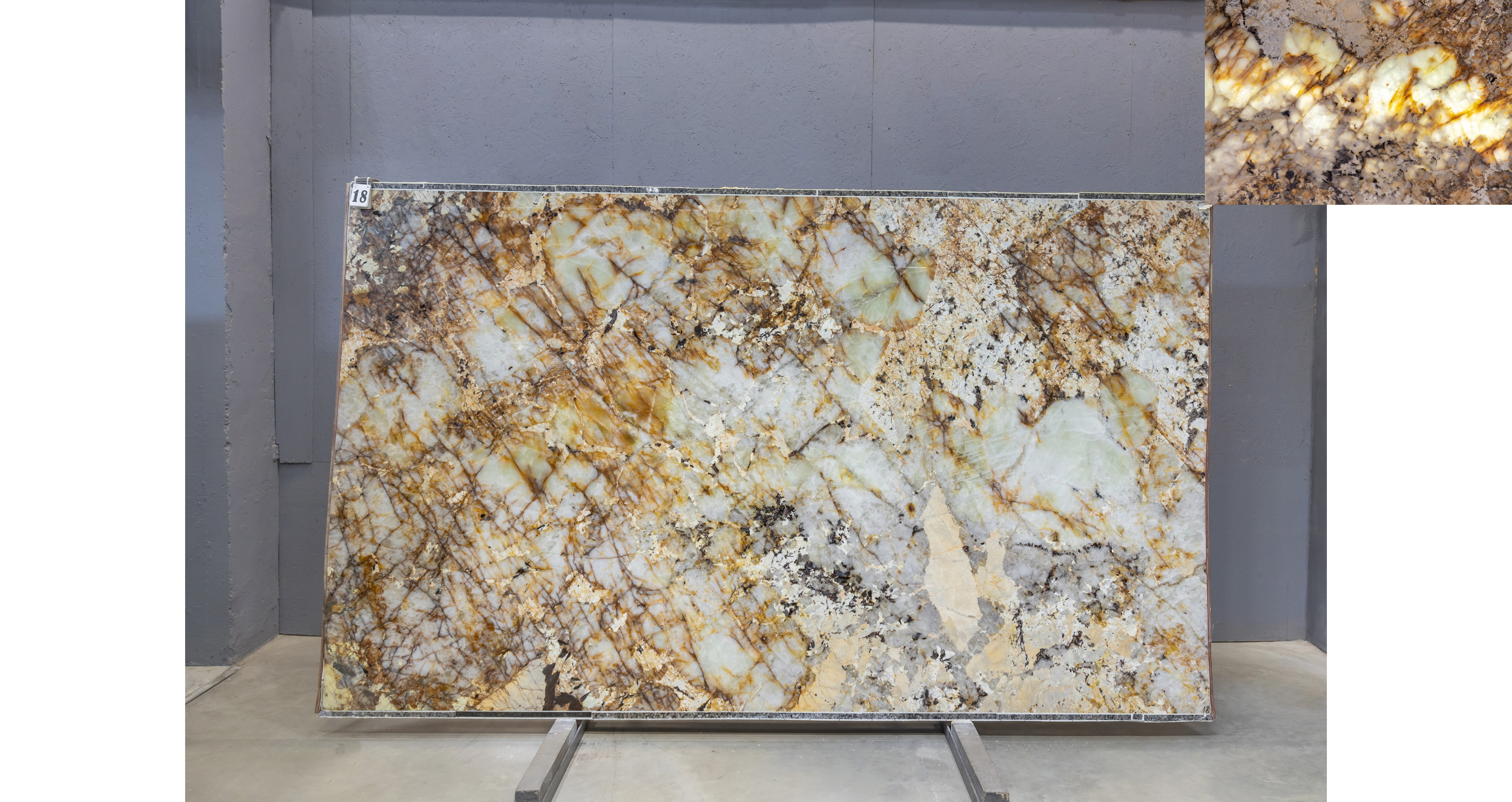 Кварцит Патагония Кристал Голд / Patagonia Crystal Gold — слэб 20 мм, полированный · 3250 × 1920 мм · партия Д* · № 018