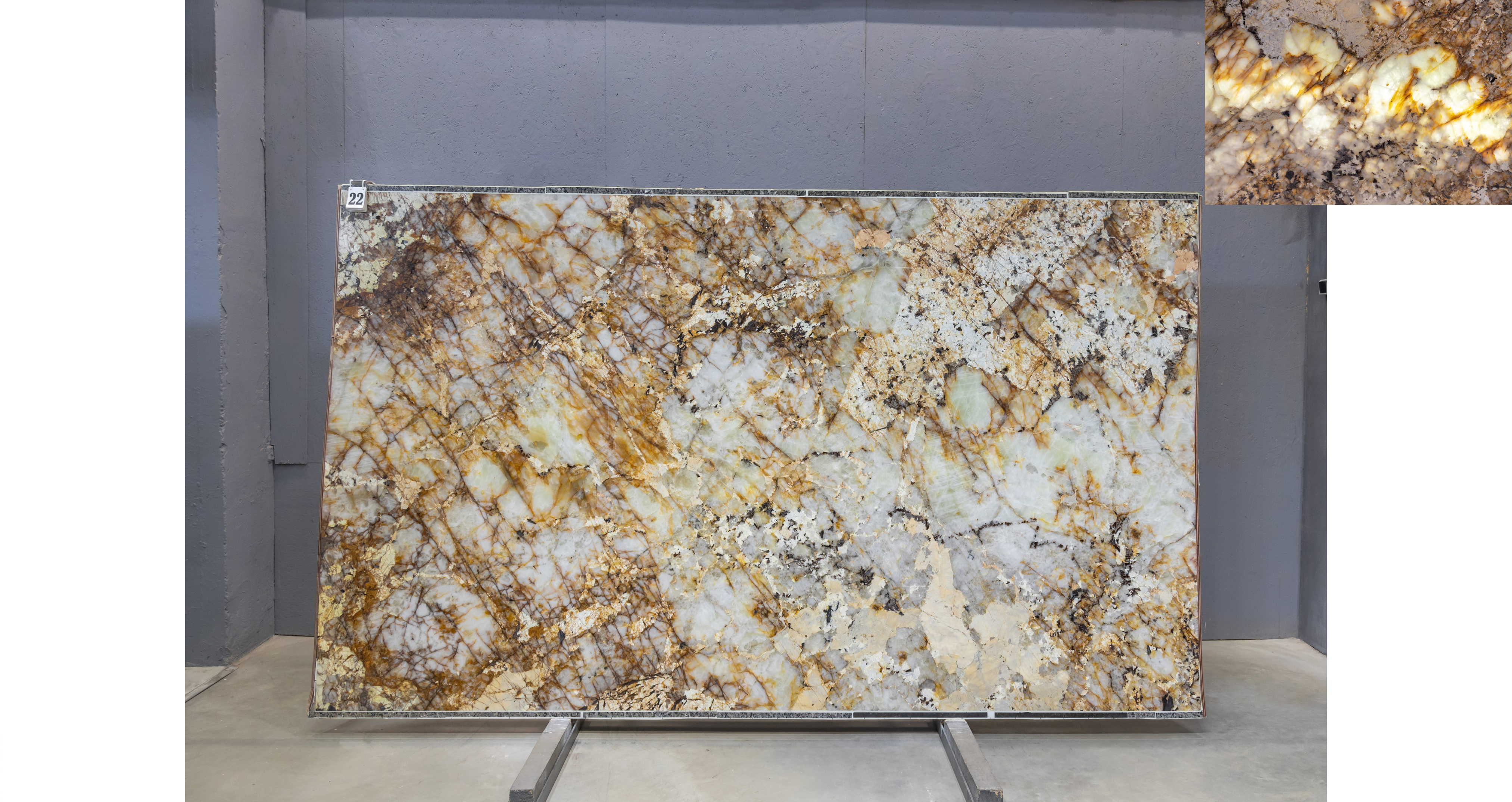 Кварцит Патагония Кристал Голд / Patagonia Crystal Gold — слэб 20 мм, полированный · 3250 × 1920 мм · партия Д* · № 022