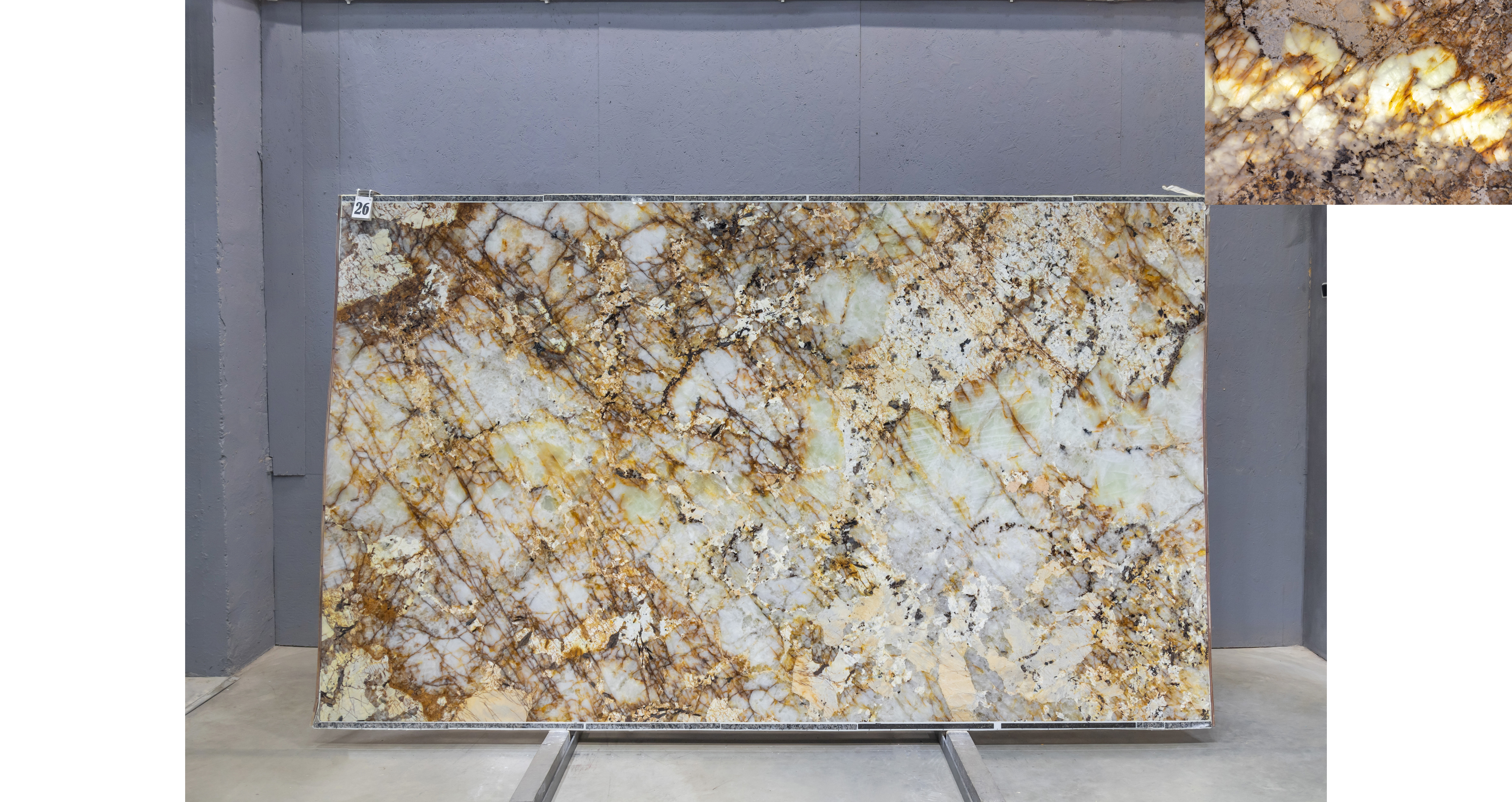 Кварцит Патагония Кристал Голд / Patagonia Crystal Gold — слэб 20 мм, полированный · 3250 × 1920 мм · партия Д* · № 026