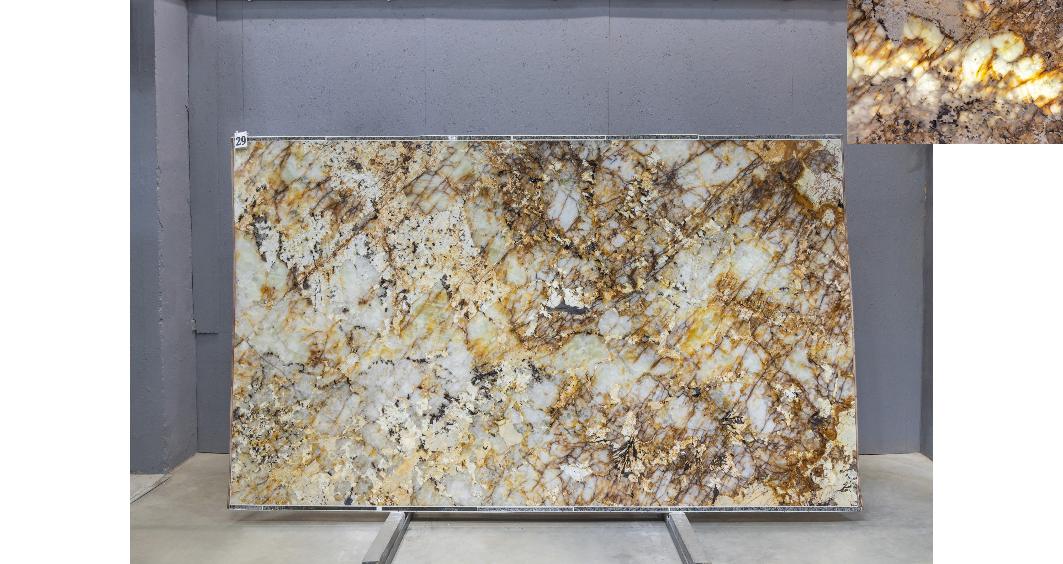 Кварцит Патагония Кристал Голд / Patagonia Crystal Gold — слэб 20 мм, полированный · 3250 × 1920 мм · партия Д* · № 029