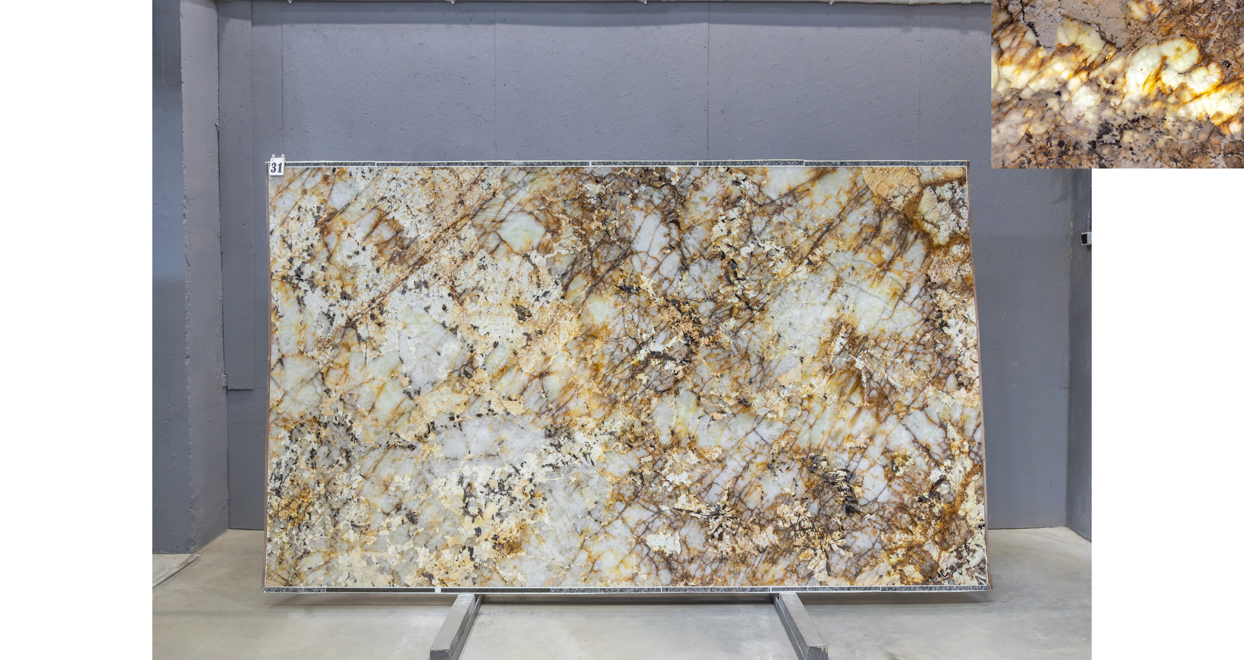 Кварцит Патагония Кристал Голд / Patagonia Crystal Gold — слэб 20 мм, полированный · 3250 × 1920 мм · партия Д* · № 031