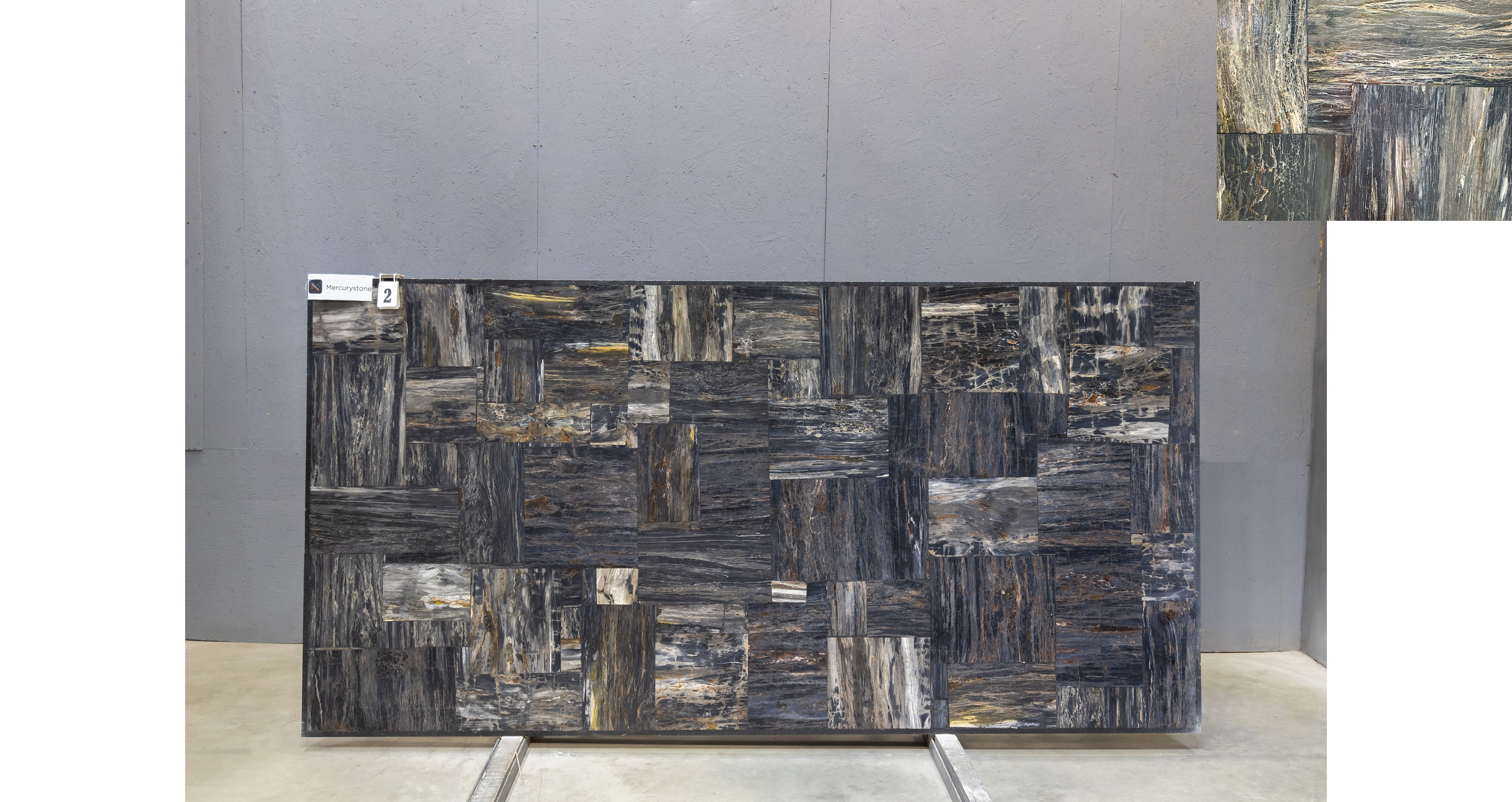 Эксклюзив Блэк Петрифайд Вуд Ретро (кожа) / Black Petrified Wood Retro (leather) — слэб 20 мм, кожа · 3050 × 1530 мм · партия А* · № 002