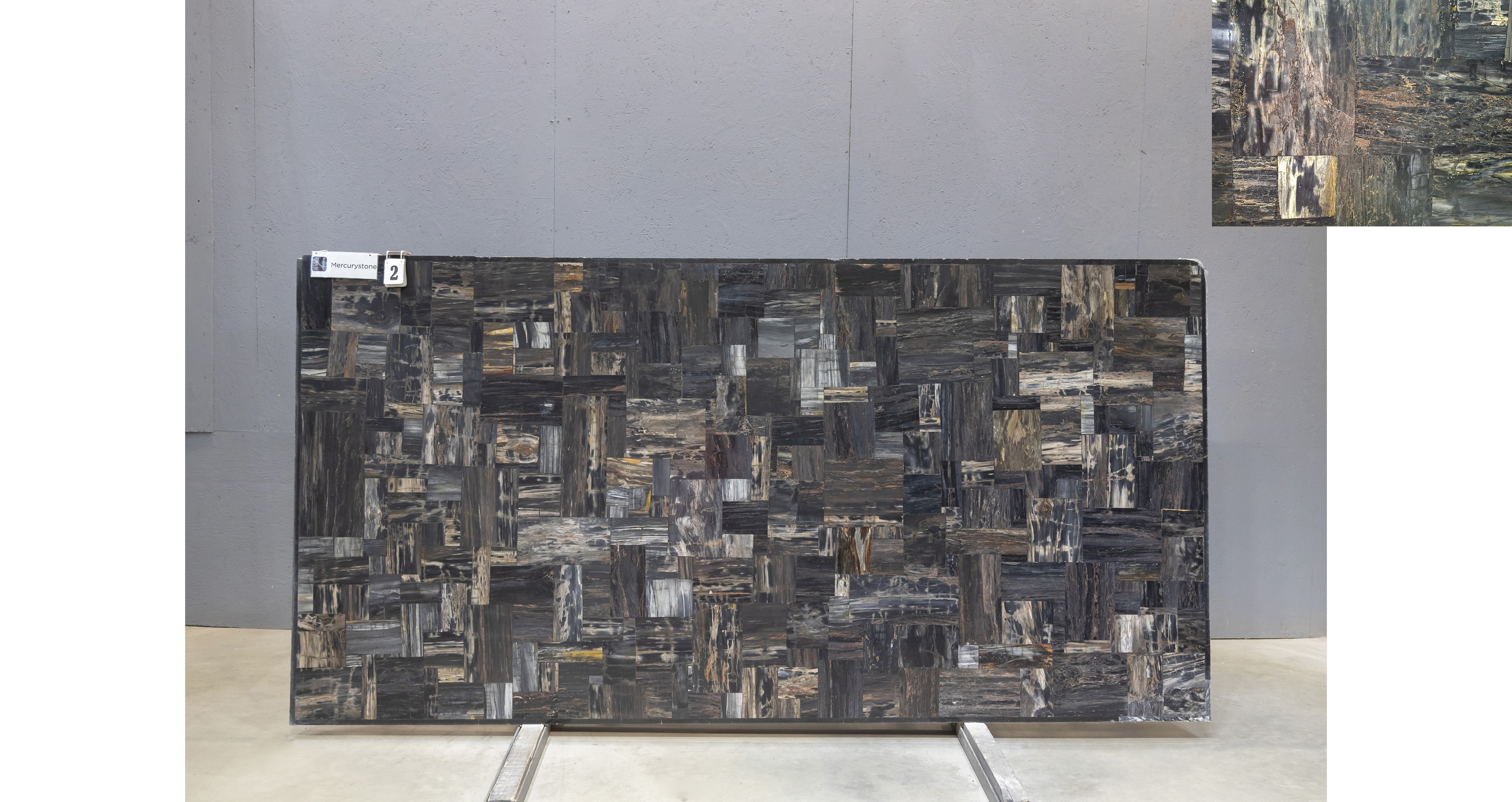 Эксклюзив Блэк Петрифайд Вуд Ретро / Black Petrified Wood Retro — слэб 20 мм, полированный · 3050 × 1530 мм · партия Б* · № 002