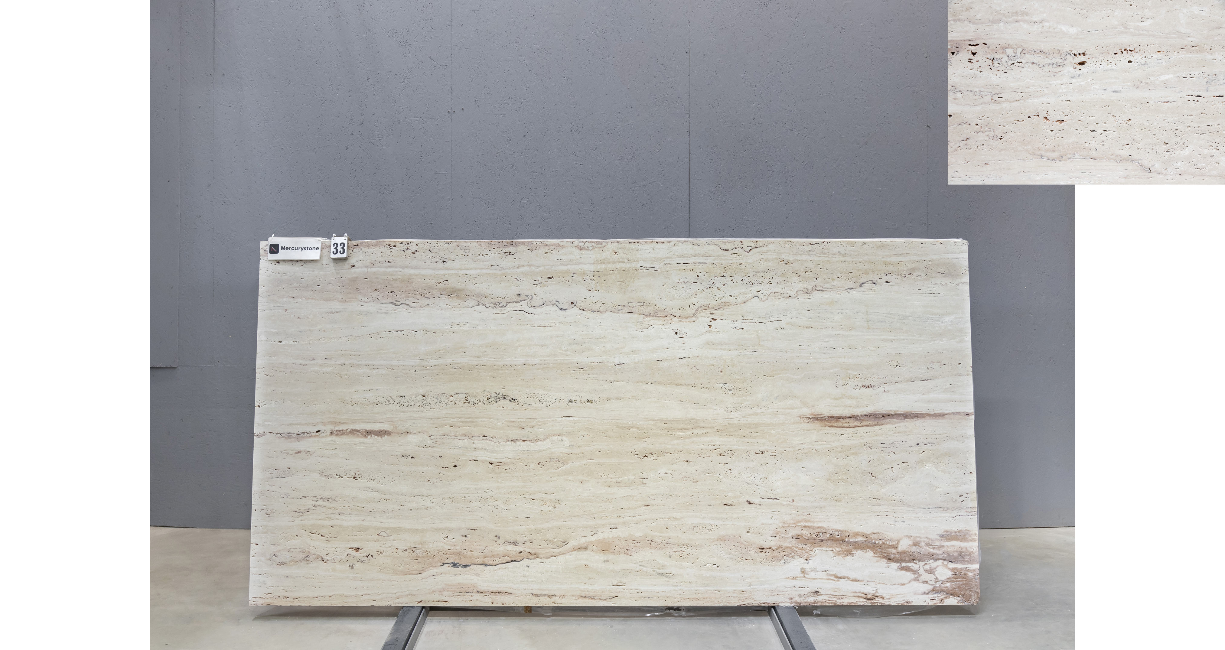 Травертин Айвори VC / Travertine Ivory VC — слэб 20 мм, шлифованный · 2900 × 1430 мм · партия П* · № 033