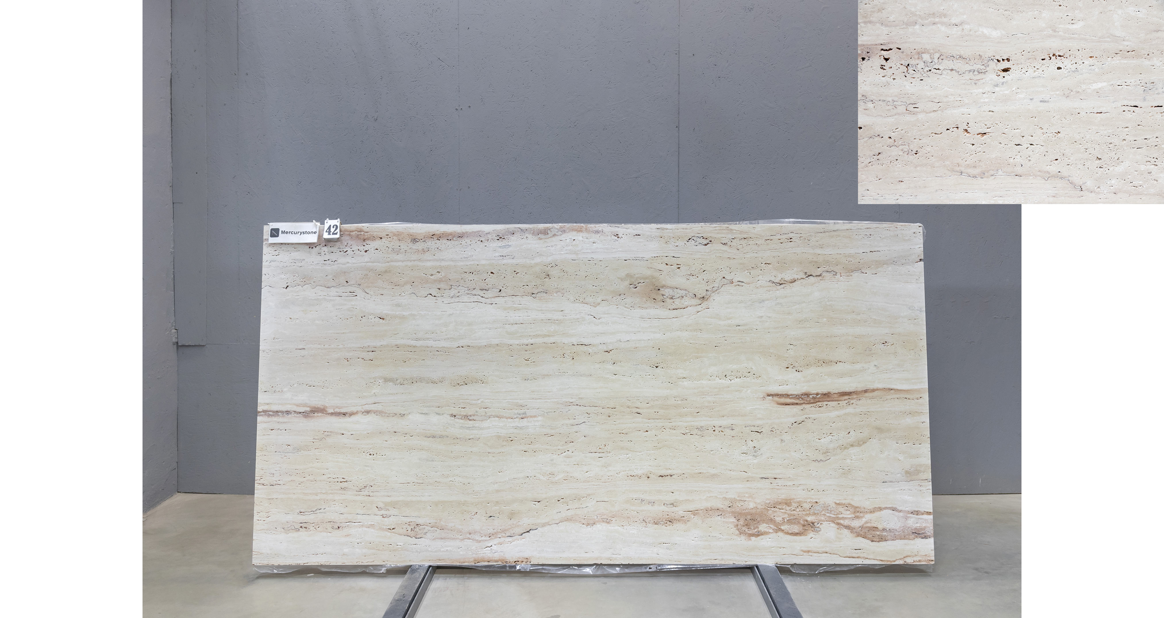 Травертин Айвори VC / Travertine Ivory VC — слэб 20 мм, шлифованный · 2900 × 1430 мм · партия П* · № 042