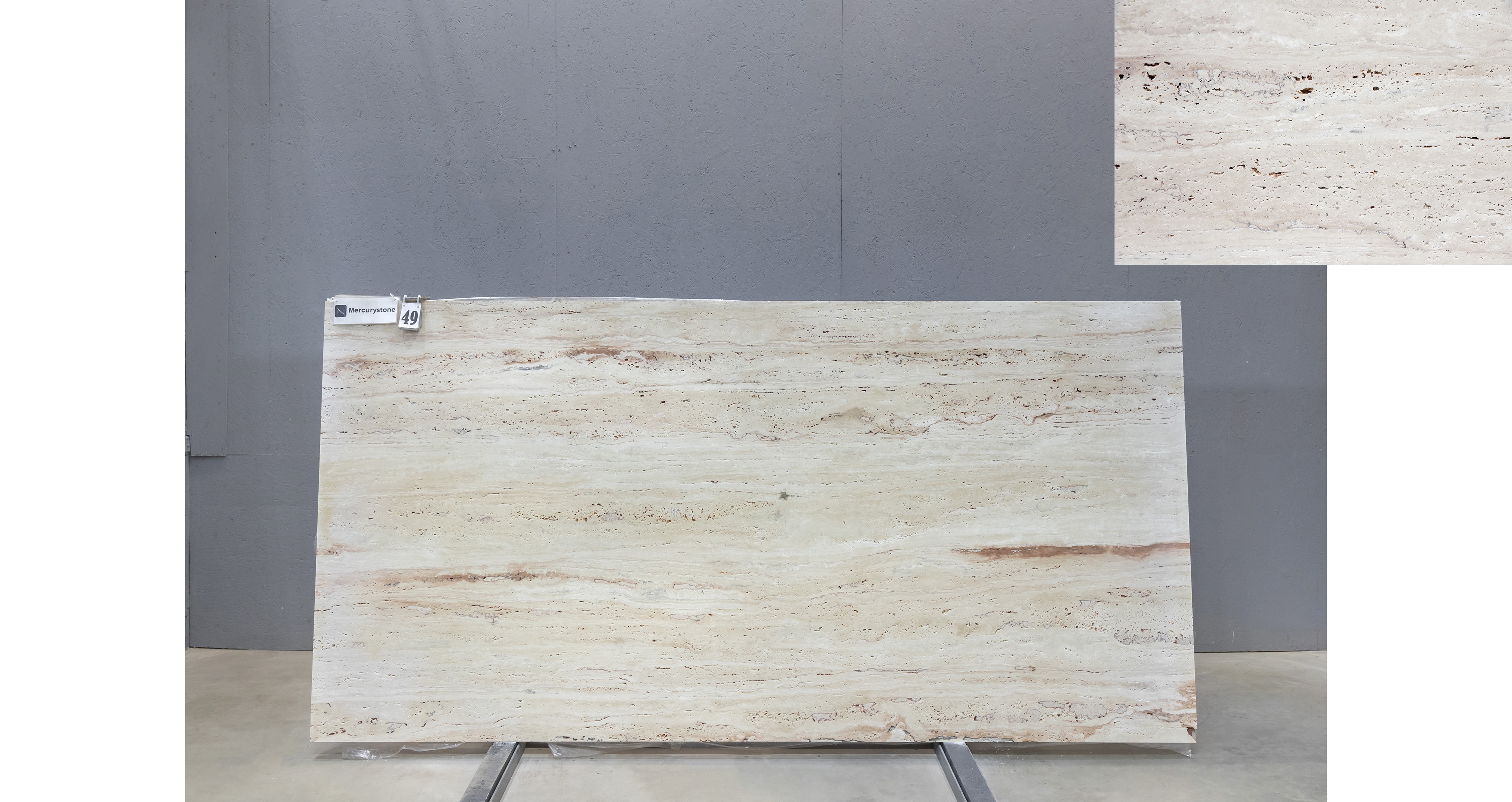 Травертин Айвори VC / Travertine Ivory VC — слэб 20 мм, шлифованный · 2900 × 1430 мм · партия П* · № 049