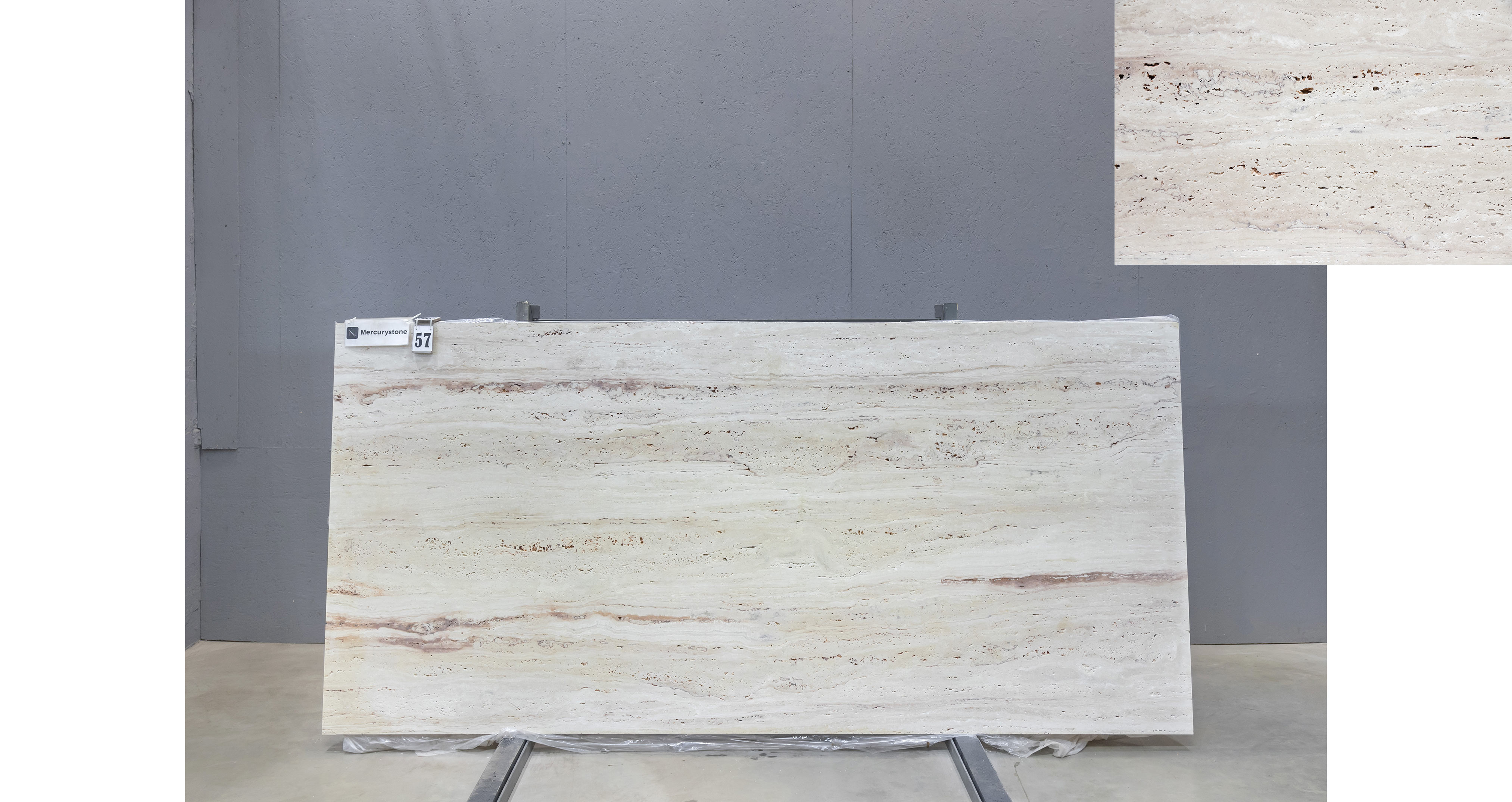 Травертин Айвори VC / Travertine Ivory VC — слэб 20 мм, шлифованный · 2850 × 1330 мм · партия П* · № 057